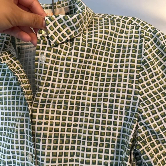 Tory Burch White/Green Checkered Button Up Short Sleeve Top - Picture 5 of 8